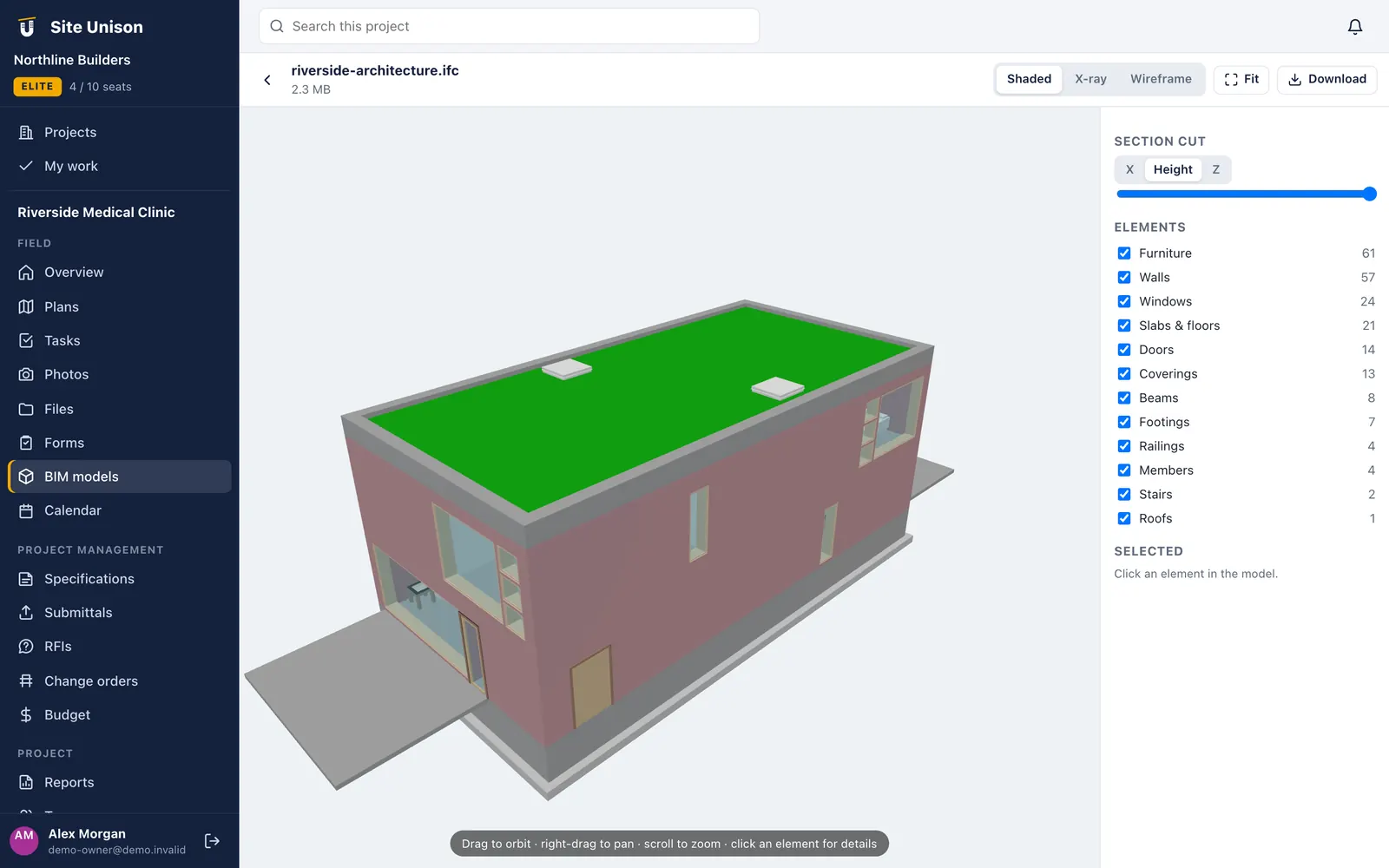 IFC BIM model of a two-storey building open in a browser-based BIM viewer with section cuts