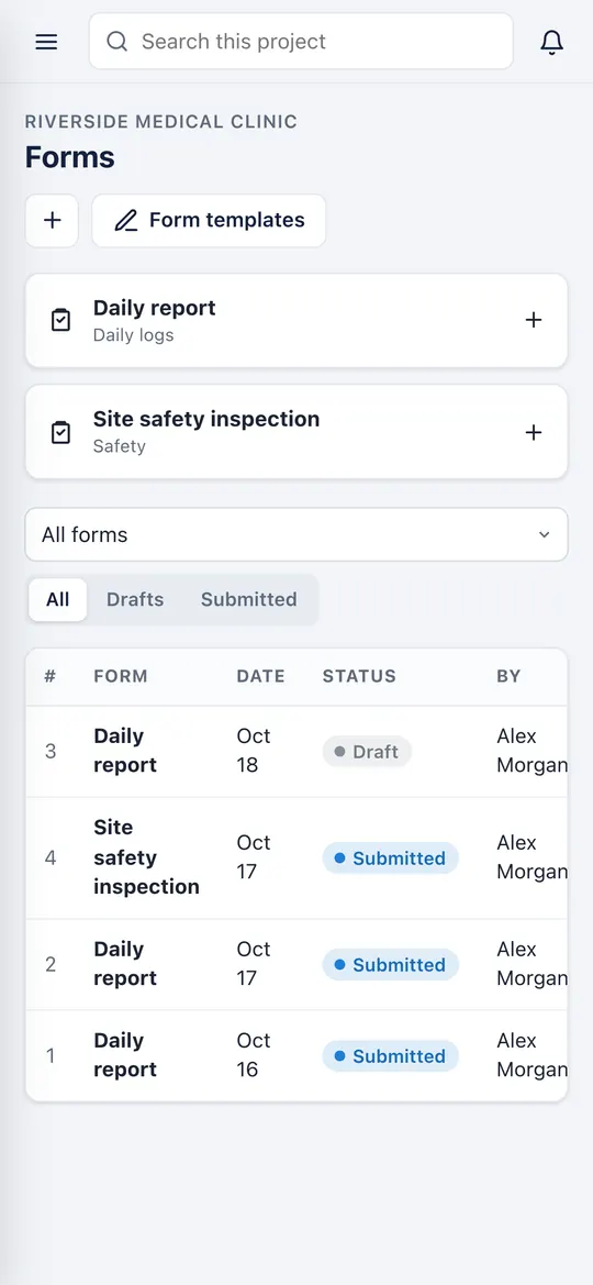 Daily report and safety forms on a phone in the Site Unison construction app