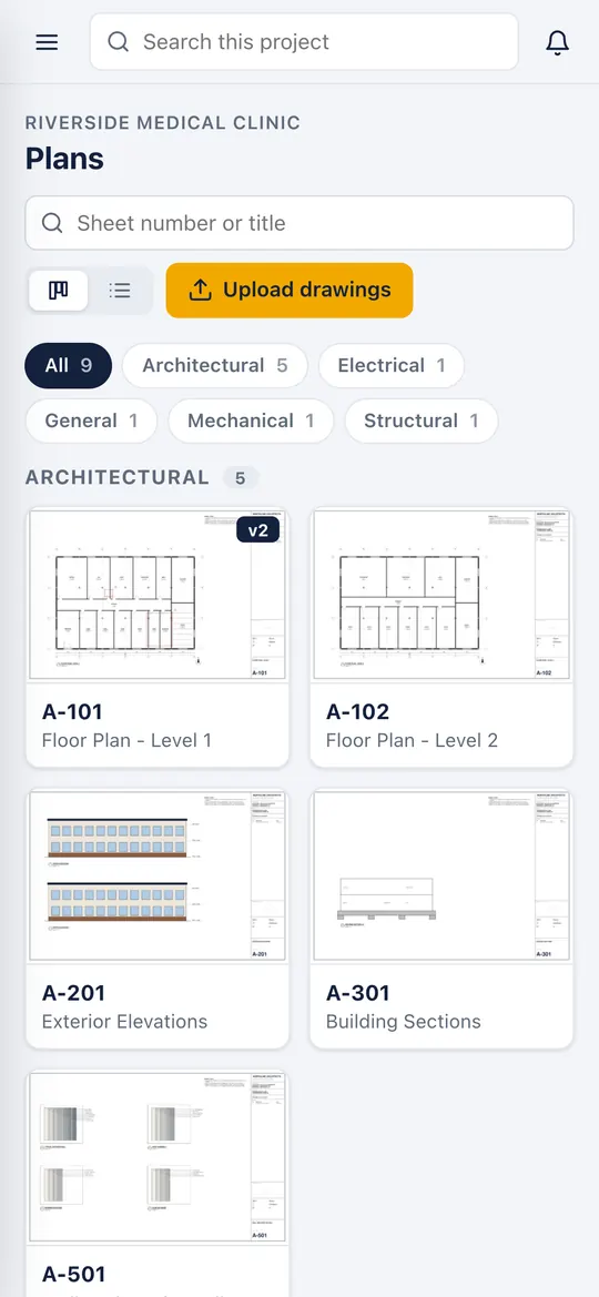 Construction plans on a phone in the Site Unison mobile app