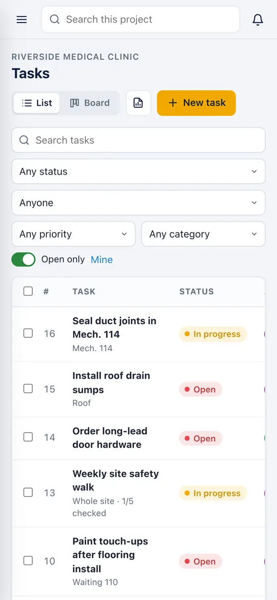 Punch list on a phone in the Site Unison construction app