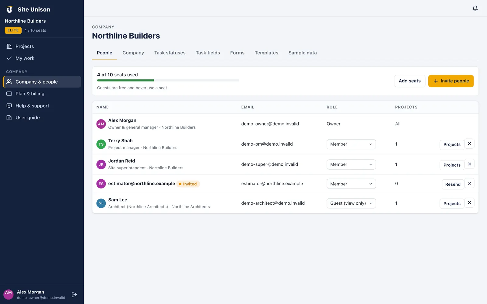 Company people and seats settings in Site Unison