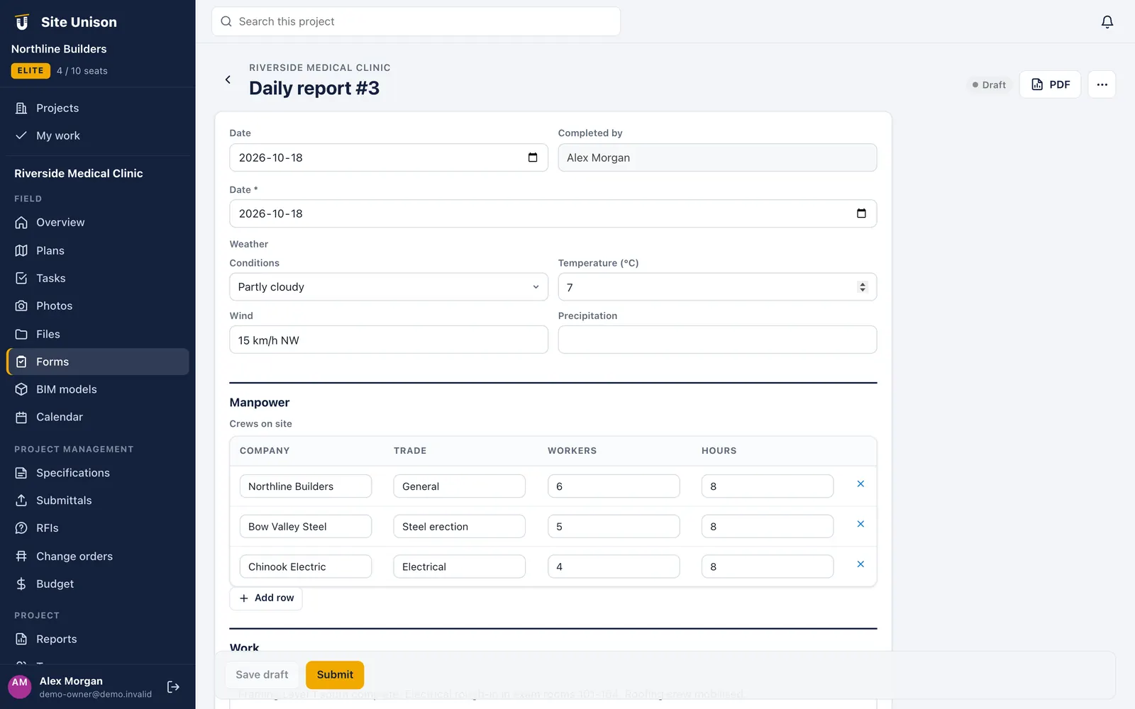 Construction daily report with weather and manpower log by company and trade
