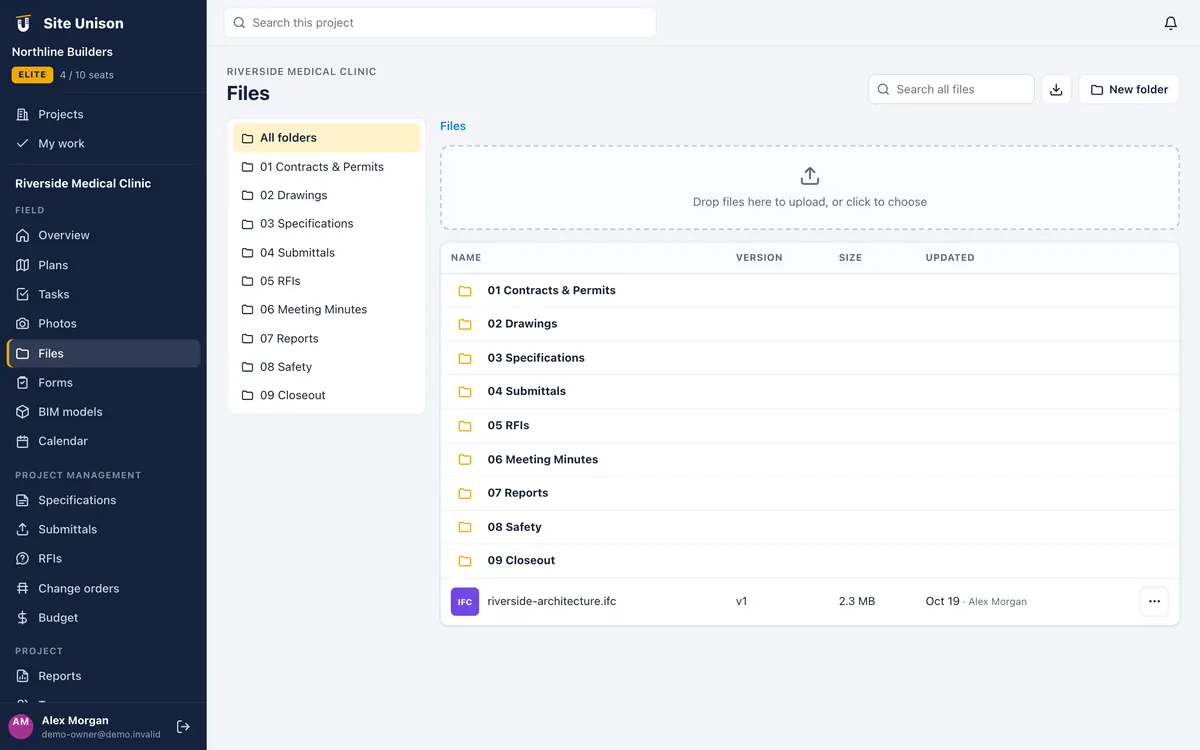 Construction document management folders for contracts, drawings, specifications and closeout in Site Unison