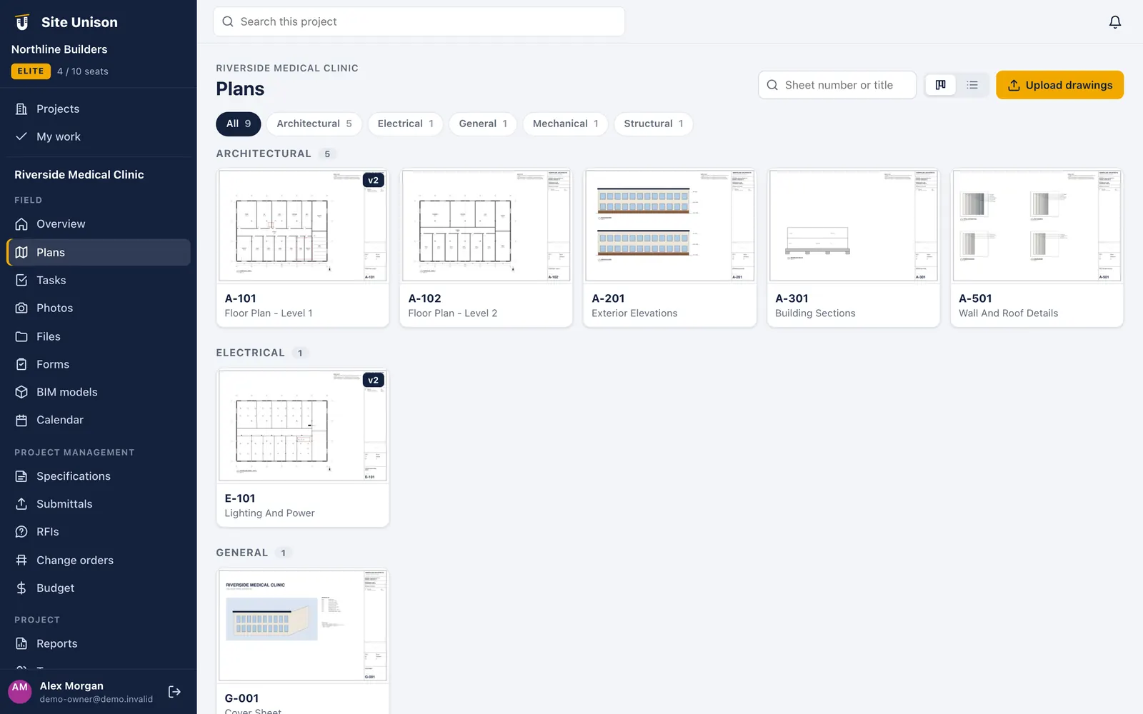 Construction plans sheet management with auto-numbered architectural, electrical and structural sheets