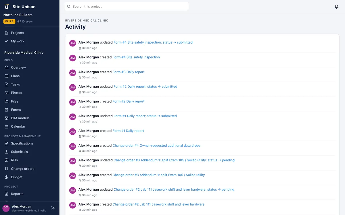 Project activity log showing every change to tasks, forms and change orders