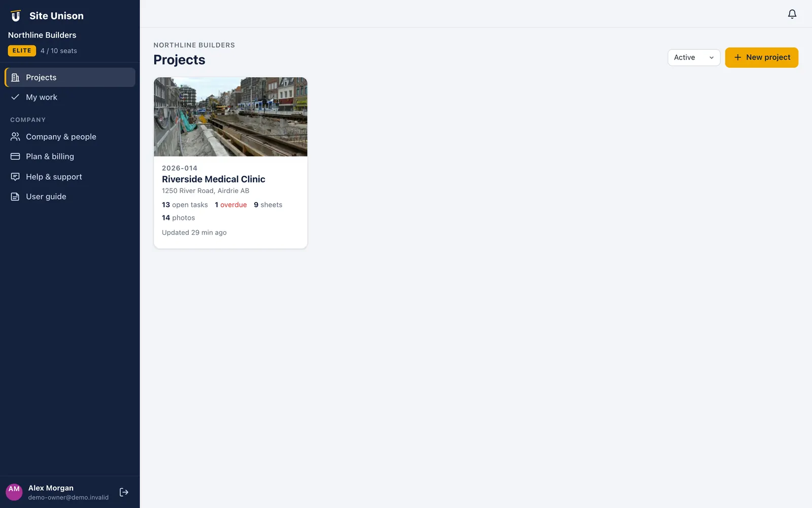 Projects list in Site Unison construction project management software