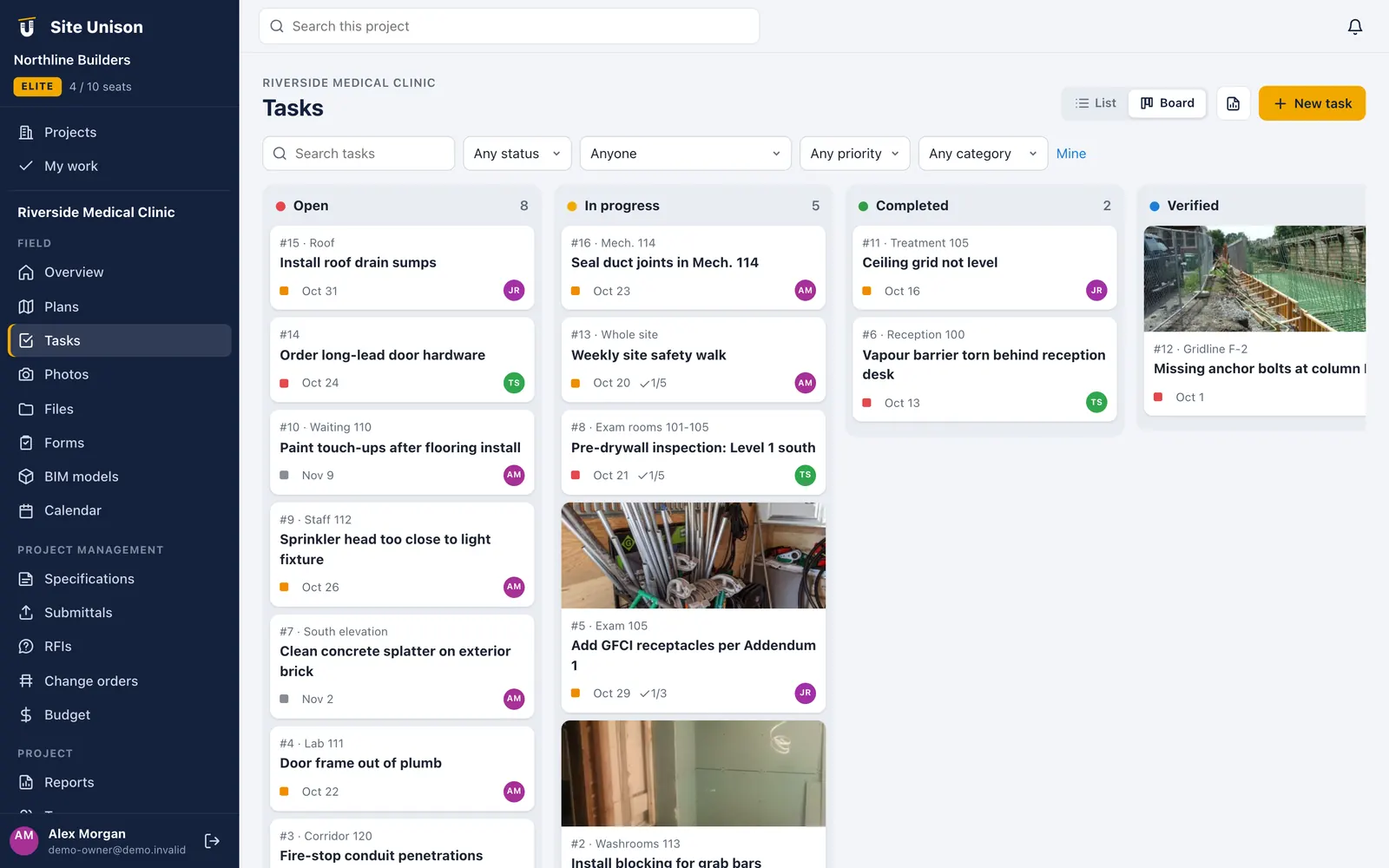 Construction punch list task board with open, in progress, completed and verified columns