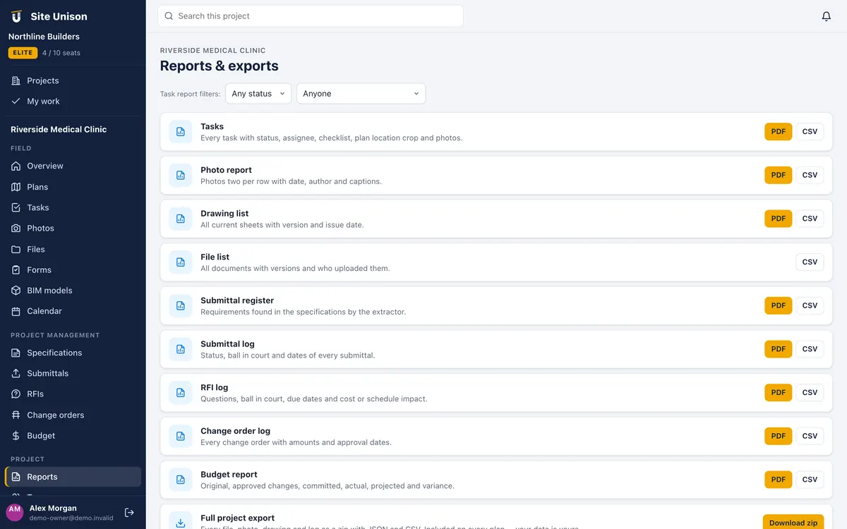 Construction reports with PDF and CSV exports for tasks, photos, RFIs, submittals and budget