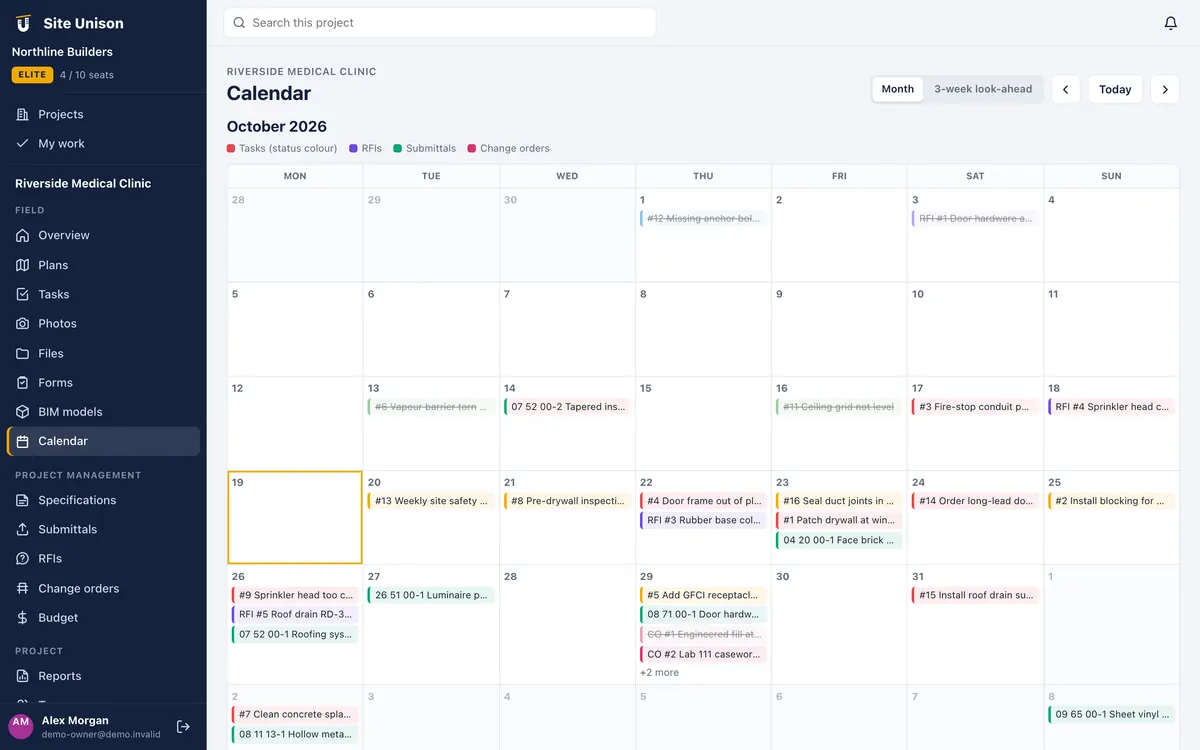 Construction schedule calendar with task due dates, RFIs and submittals in Site Unison