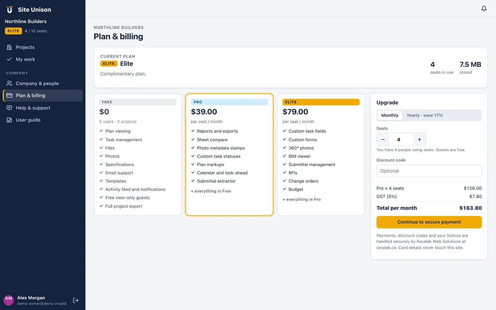 Plan and billing page with Free, Pro and Elite per-seat plans