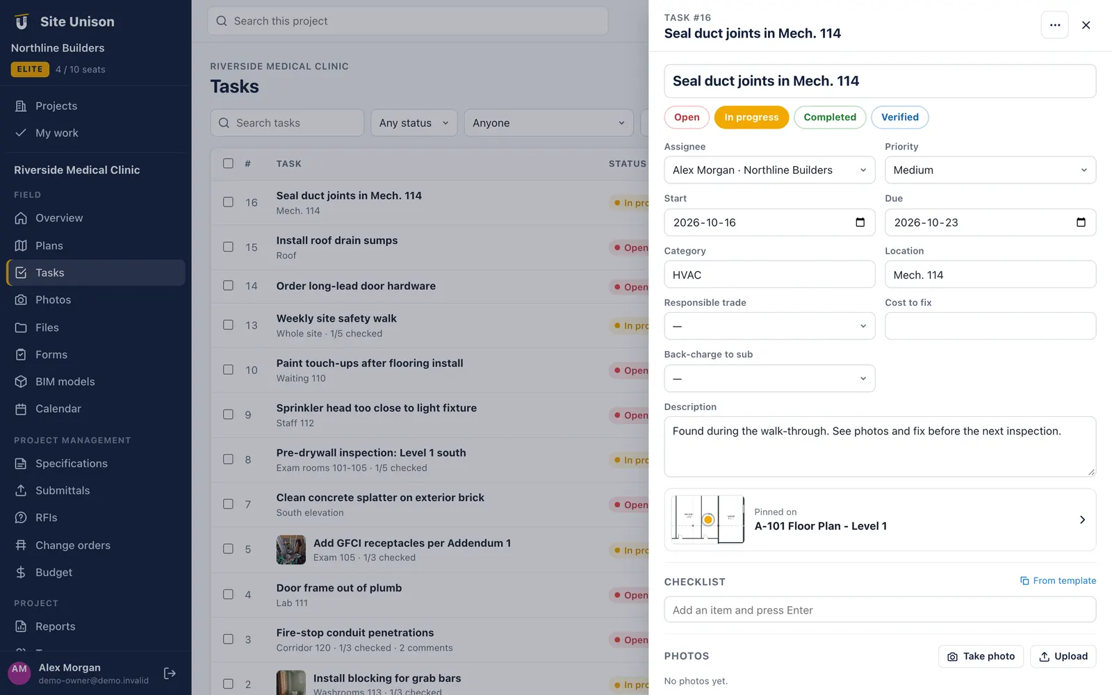 Construction task detail with assignee, due date, checklist, plan location and photos