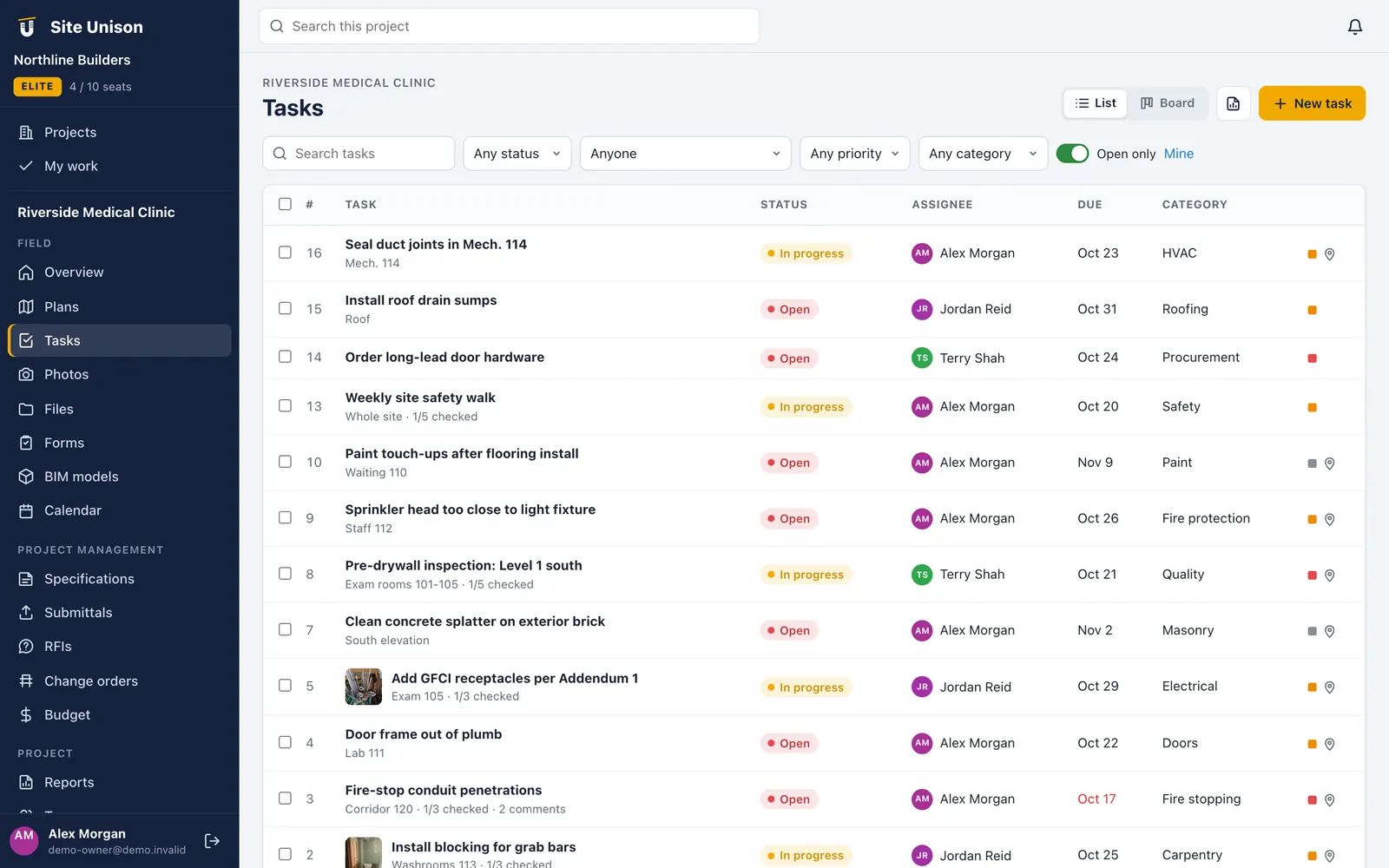 Construction task list with status, assignee, due date and category filters